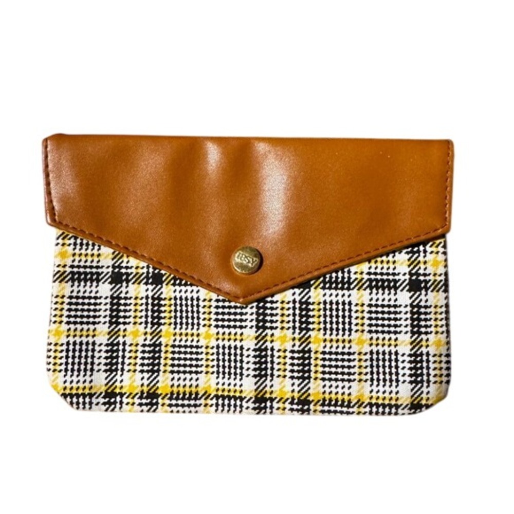 Ipsy Plaid Wallet Card Holder Small Coin Purse Yellow Black White
